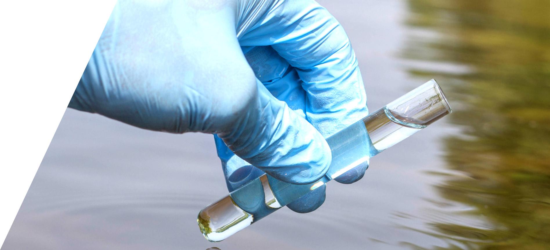 gloved hand holding test tube with water sample